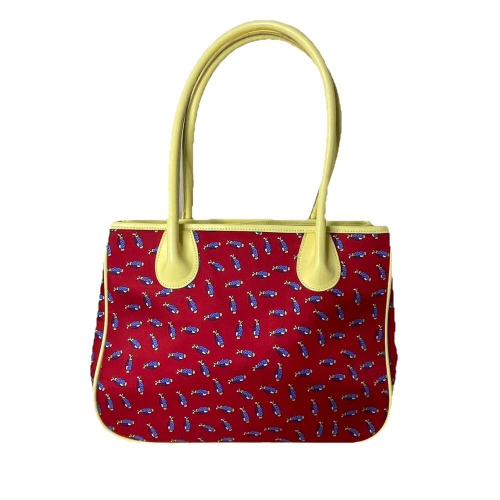 VTG MCM ALYNN Handbag w/Golfclub Print Yellow Faux Leather -Red Fabric Golfing